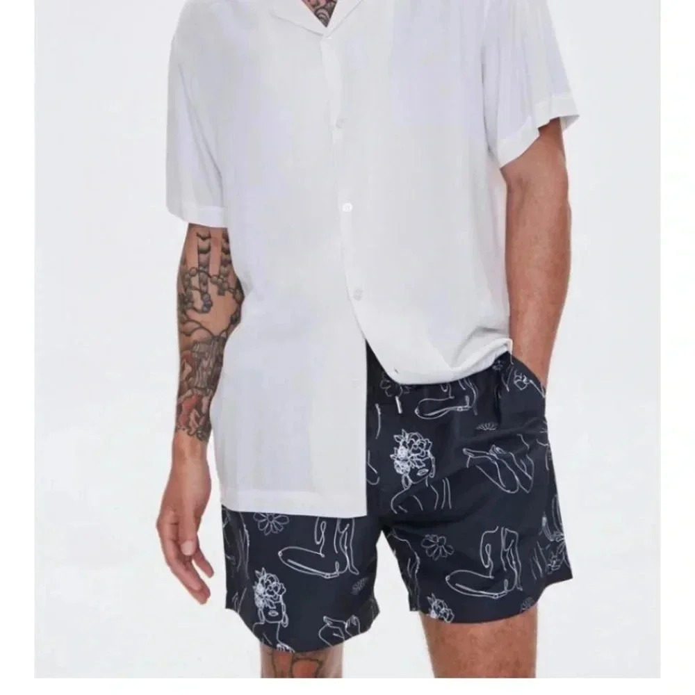 Forever 21 Men’s Swim Trunks XL Black White Abstract Line Art Floral